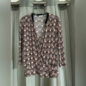 New York & Company Pink and Black Geometric Blouse
